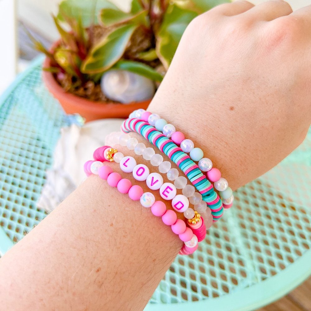 Handmade Loved Bracelet Stack Hot Pink and Teal